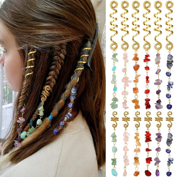 BBTO 12 Pcs Dreadlocks Hair Clips, Natural Stone & Metal Pirate Accessories for Women, Hair Charms for Girls Braids, 6 Bright Colors (Blue, Green, Pink, Red, Purple, Brown)