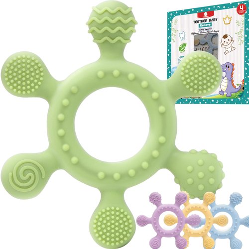 XYUNMUU Baby Rudder Teether 4 Pack | 6 Teeth Contact Points Silicone Teether Toy for Baby, Reaches Front, Back, and All New Teeth Types, Easy to Hold, BPA-Free (Baby-4 Pack)