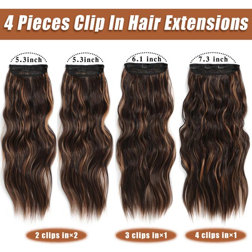 Dorsanee Clip in Hair Extensions, Dark Brown with Chocolate Brown Highlight Hair Extensions, 20 Inch 4pcs Long Wavy Synthetic Hair Extensions Double Weft Hairpieces for Women