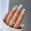 RUOKEXIN Nail Press ons White Press on Nails Medium Square Fake Nails with Glue Acrylic False Nails with Gold Blue Leaf Designs Glossy Artificial Fake Fingernails Spring Stick on Nails for Women 24Pcs