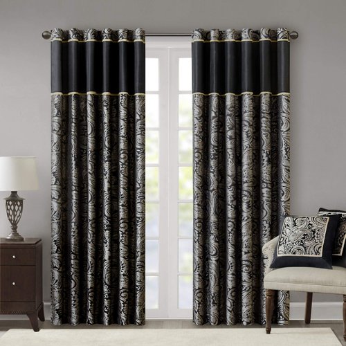 Madison Park Black Curtains For Living Room , Traditional Back Tab Curtains For Bedroom , Aubrey Jacquard Rod Pocket Window Curtains , 50x84", 2-Panel Pack