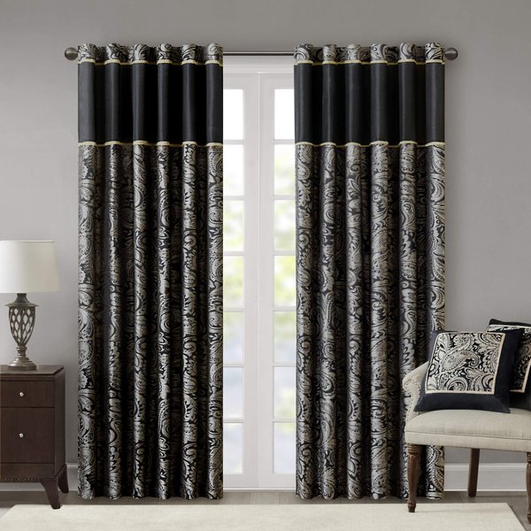 Madison Park Black Curtains For Living Room , Traditional Back Tab Curtains For Bedroom , Aubrey Jacquard Rod Pocket Window Curtains , 50x84", 2-Panel Pack