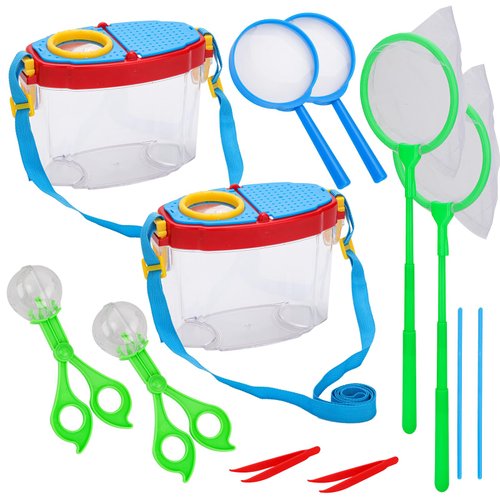 XIHIRCD 2 Sets Critters Collector, Cages with Adjustable Strap & Magnifying Glass Butterfly Net Clips Tweezers Boys Girls Birthday Gift