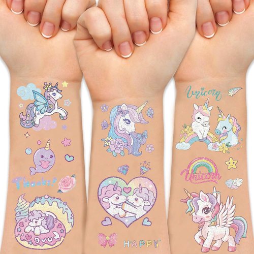 Waterproof Temporary Tattoos - 90pcs Fake Tattoo for Kids Birthday Party Supplies, Unicorn Heart-Shaped Icecream Rainbow Moon Diamonds Arts and Crafts for Boys or Girls 6 7 8 9 10 11 12 years old