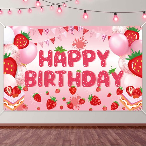 Strawberry Birthday Banner, Happy Birthday Party Decorations Colorful Backdrop Happy Birthday Yard Sign Background Indoor Outdoor Birthday Party Supplies for Boys Kids Girls