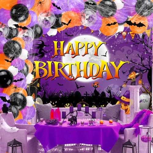 Halloween Birthday Balloons Arch Garland Kit Decorations,Orange Purple Black Halloween Happy Birthday Party Banner Backdrop Balloons Supplies Background Outdoor for Kids Women Men Birthday Decor