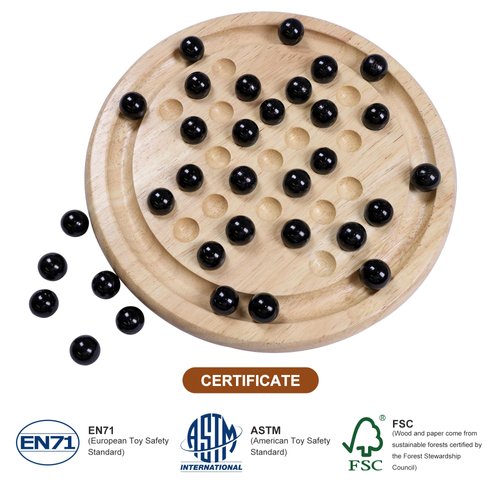 Offelec Wooden Solitaire Board Game with 33 Piece Black Glass Marbles Classic One Player Gameplay Strategy Puzzle Board Games Kids & Adults Fun Family Tabletop Toys, Birthday Gift,Table Games