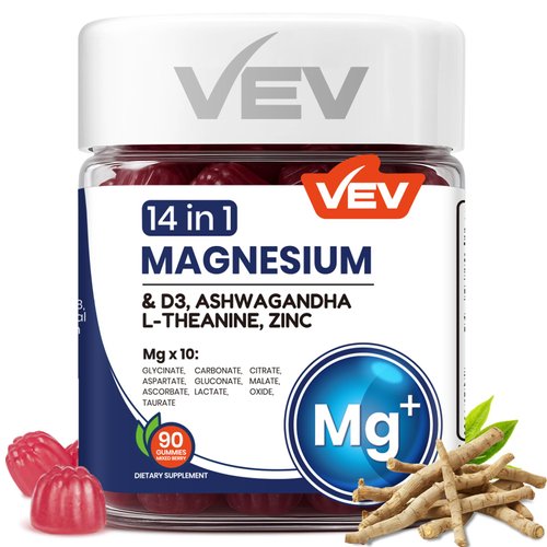 VEV 14-in-1 Magnesium Complex Gummies – with Ashwagandha, L-Theanine, D3 & Zinc – Cortisol Supplements for Women – 90 Sugar-Free Vegan Magnesium Glycinate Complex Gummies