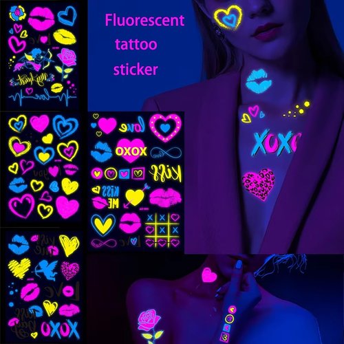 Fluorescent Love Lover Lip Print Temporary Tattoo Stickers Music Festival Concert Bar Party Face Arm shoulder Waterproof Tattoo Stickers Valentine's Day Happy Birthday Decor Supplies