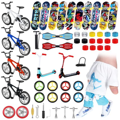 Charniol 57 Pcs Mini Finger Toy Set, Finger Skateboards, Finger Bikes, Finger Scooter, Finger Tops, Finger Pants, Finger Shoes, Finger Knee Pads, Mini Bike Wheels Tools for Christmas Party Gift