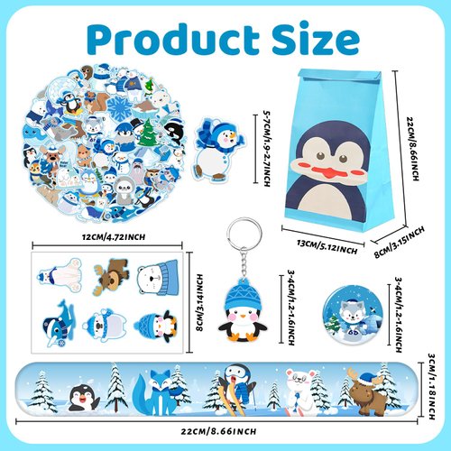 110 PCS Winter Arctic Animals Party Favors, Winter Arctic Polar Animals Stickers Temporary Tattoos Slap Bracelets Keychains Badges Gift Bags Arctic Animals Birthday Party Decorations Supplies for Kids