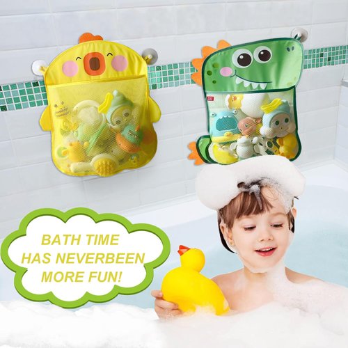 2 Pack Mesh Bath Toy Organizer, Anberky Cute Duck & Dinosaur Bath Toy Storage Net Bathtub Toy Organizer, Perfect Bathroom Hanging Storage Bag Quick Dry Bath Toy Holder Bag with 8 Strong Hooks (#A)