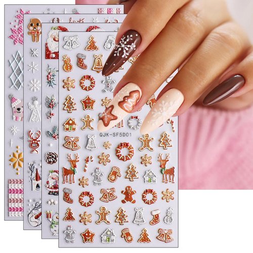 JMEOWIO 3D Embossed Christmas Glitter Nail Art Stickers Decals Self-Adhesive Pegatinas Uñas 5D Snowflake Xmas Winter Holiday Cute Cookies Nail Supplies Nail Art Design Decoration Accessories 4 Sheets