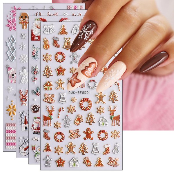 JMEOWIO 3D Embossed Christmas Glitter Nail Art Stickers Decals Self-Adhesive Pegatinas Uñas 5D Snowflake Xmas Winter Holiday Cute Cookies Nail Supplies Nail Art Design Decoration Accessories 4 Sheets
