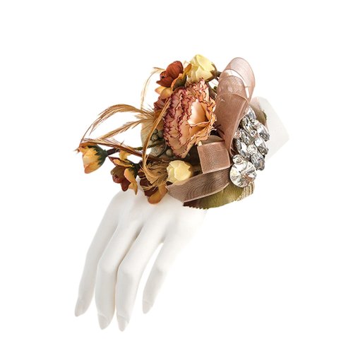 Victorian Bridal Chiffon Flower and Rhinestone Accent Corsage Hair Tie - Bracelet (Bohemian Love)