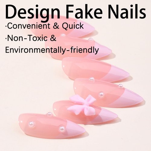 24Pcs French Press on Nails Almond Fake Nails Cute Pink False Nails with Bow Pearl Design Pink French Tip Acrylic Nails Luxury Glue on Nails Full Cover Artificial Nails for Women Manicure Accessories