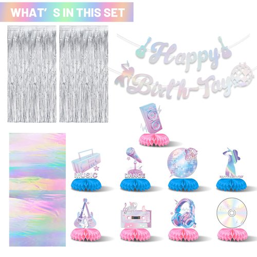 Music Birthday Party Decorations Honeycomb Centerpieces, Birthday Party Supplies for Superstar Birthday Banner, Silver Fringe Backdrop for Disco party Decorations