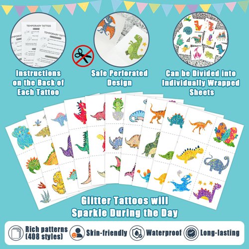 Partywind 408 PCS (68 Sheets) Glitter Dinosaur Tattoos for Kids Party Supplies, Fake Temporary Tattoos for Dinosaur Goodie Bag Stuffers, Boys Birthday Party Decorations, Dinosaur Games Toys