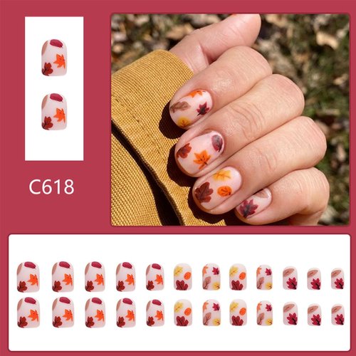 24 Pcs Fall Press on Nails Short Square Maple Leaf Fake Nails Full Cover Glue on Nails Autumn Artificial Acrylic Nails Nude Pink False Nails Leaves Stick on Nails for Women Thanksgiving Nails Decor