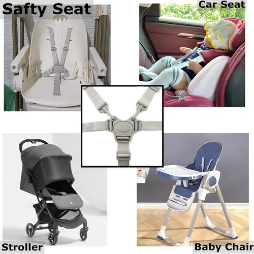 XQIGI High Chair Straps, Replacement 5 Point Harness Straps for Baby High Chair, Harness Belt for Stroller High Chair Pushchair, Safety and Comfort Material (Grey Button)