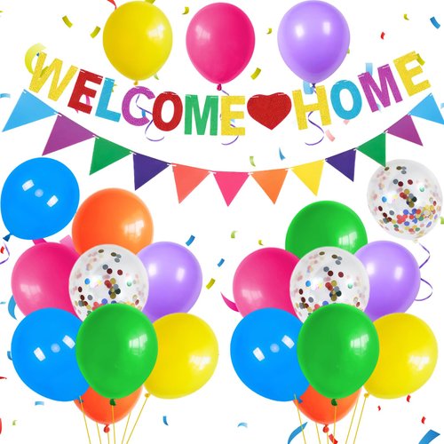 Welcome Home Decorations,Color Welcome Home Balloons Banners Set,Rainbow Welcome Home Glitter Banner with Confetti Balloons,Pennant Flag Bunting for Home Family Baby Shower Welcome Back Party Supplies