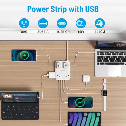 Surge Protector Power Strip with USB, TROND Ultra Thin Flat Plug 15ft Extension Cord 1625W, 3 USB A & 1 USB C, 8AC Outlets 1440J Surge Protection Wall Mount for Home Office Dorm Room Essentials, White