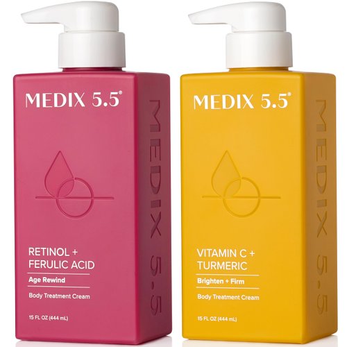 Medix 5.5 Retinol Body Cream + Vitamin C Lotion Anti Aging Moisturizer Skin Care Set To Targets Wrinkles, Sagging / Crepey Skin, Brightens & Hydrates Dry Skin, Bundle