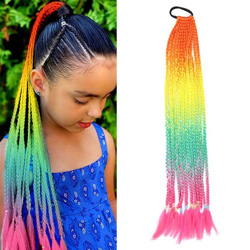 meigick Colored Braiding Hair Extension Ponytail with Hair Tie 24" Rainbow Ponytail Extension Highlights Synthetic Braided Hair Pieces Hair Accessories for Women Girls Kids(Orange Yellow Green Pink)