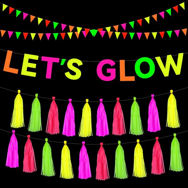 Qpout Neon Glow Party Supplies Includes Let's Glow Banner Neon Paper Tassels and Neon Triangle Banner Flags Glow in The Dark Party Supplies for Birthday Halloween Party Decorations