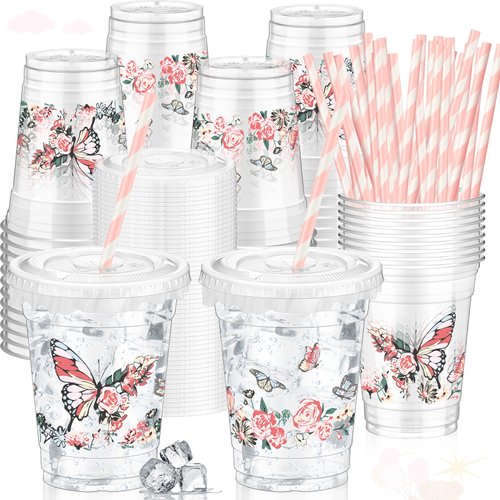 Teenyyou 50 Pcs Party Cups 12 oz Disposable Plastic Cups with Straws, Lids and Leakproof Paper Clear Cup Birthday Cups Supplies Birthday Table Decorations Party Favor (Pink,Butterfly)