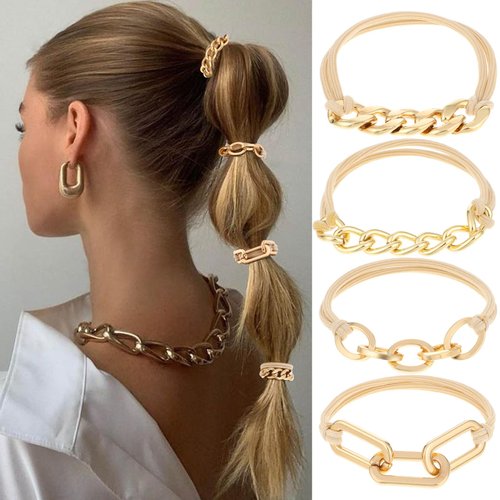 AOZUO 4Pcs Gold Hair Ties Bracelet, Metal Elastic Hair Bands Ponytail Holder Rip Tie Hair Accessories Elastic Rubber Hairband Hair Cuffs for Thick Thin Curly Hair Trendy Gold Bead Jewelry Gift(Gold)