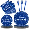Tevxj Birthday Party Tableware Set, 96PCS Navy Blue and Silver, Disposable Plates, Napkins, Forks for 24 Guests, Place Setting for Men and Boys
