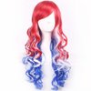 WTHCOS Mixed Red White Blue Long Curly Wavy Hair Wig With Slanted Bangs for Women Red White Blue Mixed Wig Heat Resistant Synthetic Hair Wigs for Daily Use Cosplay Wig With Wig Cap