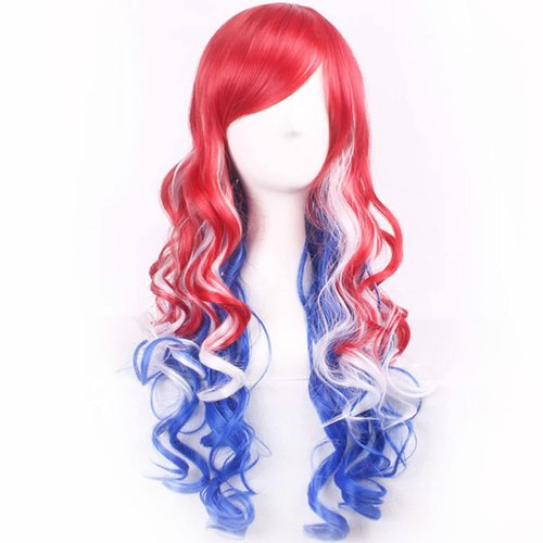WTHCOS Mixed Red White Blue Long Curly Wavy Hair Wig With Slanted Bangs for Women Red White Blue Mixed Wig Heat Resistant Synthetic Hair Wigs for Daily Use Cosplay Wig With Wig Cap