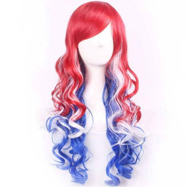 WTHCOS Mixed Red White Blue Long Curly Wavy Hair Wig With Slanted Bangs for Women Red White Blue Mixed Wig Heat Resistant Synthetic Hair Wigs for Daily Use Cosplay Wig With Wig Cap