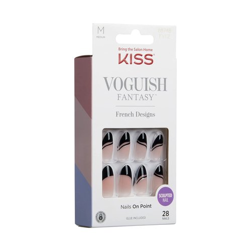KISS Voguish Fantasy Press On Nails, Nail glue included, Magnifique', Black, Medium Size, Almond Shape, Includes 28 Nails, 2g glue, 1 Manicure Stick, 1 Mini File