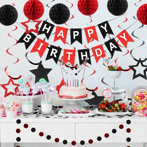 meowtastic Birthday Decorations, Happy Birthday Banner with Honeycomb Balls, Star Hanging Swirl Streamers, Circle Dots Garland, Happy Birthday Party Decorations for Women Men Boys Girls (Red & Black)