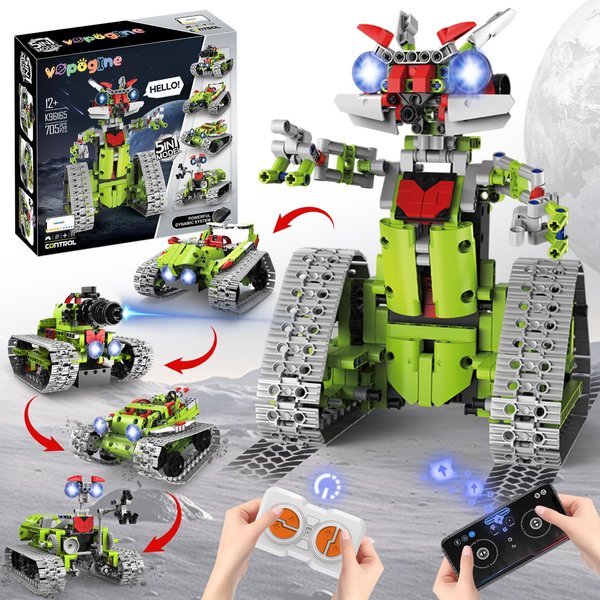 VOPOGLNE 5 in 1 STEM Robot Building Kit, APP & Remote Control Robotics Building Toys, 705 Pcs DIY Building Robot/RC Car/Tank with Light, Building Toy Gifts for Boys Girls Kids 8-16 Science Learning