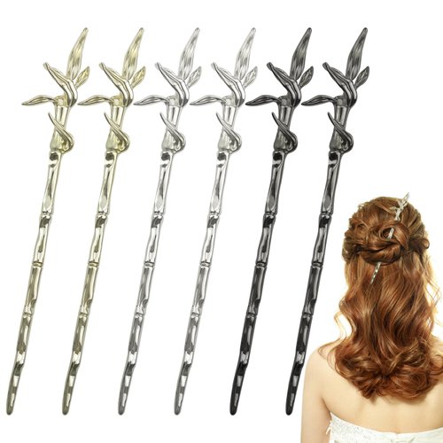 6 Pack Bamboo Leaf Hair Stick for Bun Metal Elegant Retro Hair Fork Stick Chinese Styling Buns Ha...