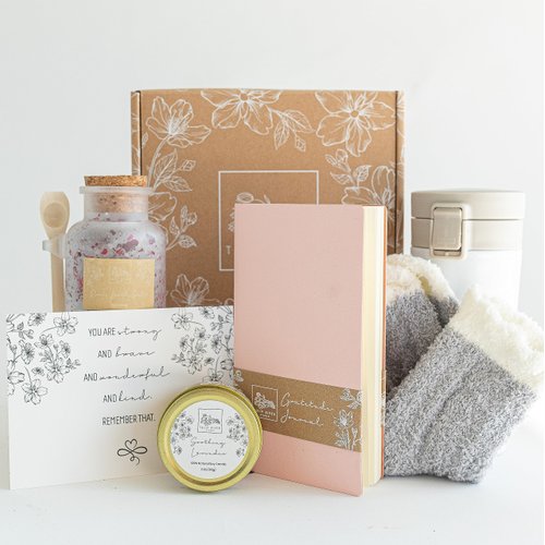 TULIP RIVER STUDIO Self Care Package for Women - Gratitude Journal, Coffee Mug, Candle, Socks, Bath Salt, and Inspirational Card