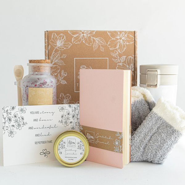 TULIP RIVER STUDIO Self Care Package for Women - Gratitude Journal, Coffee Mug, Candle, Socks, Bath Salt, and Inspirational Card