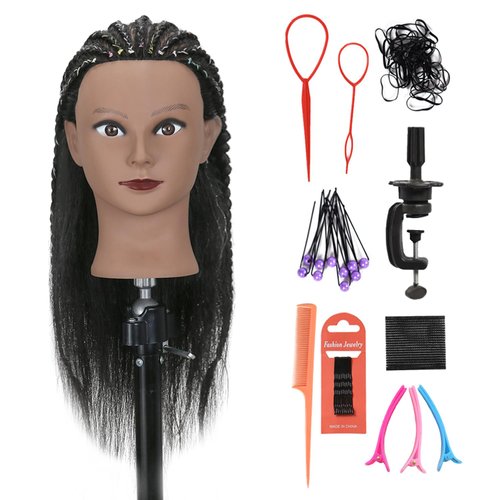 Willinghair Mannequin Head with 100% Real Hair, 18" Hairdresser Cosmetology Manikin Training Practice Doll Head with Free Clamp and 9 Tools for Hairstyling - Black