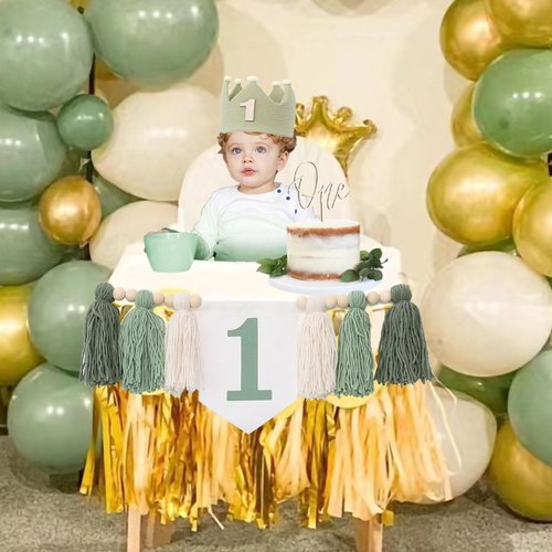 Wild One High Chair Banner For 1st Birthday Party Boy Decorations With Green Tassel Garland Crown Hat Cake Topper