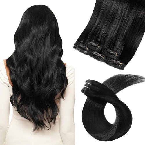 FUBILI Clip in Hair Extensions for Women Double Weft Thickened Silky Long Straight Real Human Hair 20Inch Jet black 30g 5pcs Remy Hair Extensions