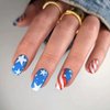 4th of July Square Press on Nails Medium Glue on Nails Swirl Fake Nails Red Blue White Full Cover Acrylic Nails Independence False Nails Star Patriotic Stick on Nails for Women 24 Pcs