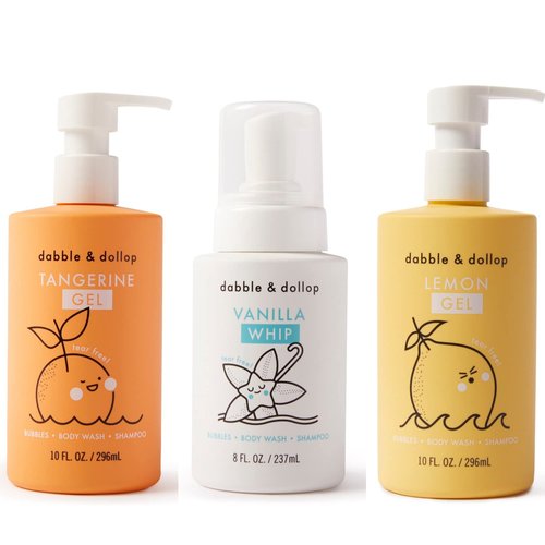 Dabble & Dollop Citrus Kiss Bundle, Natural Bubble Bath, Body Wash & Shampoo for Kids, USA-made, Paraben & Sulfate Free, Vegan, Gluten-Free, Tear-Free, Tangerine, Vanilla, Lemon (Set of 3)