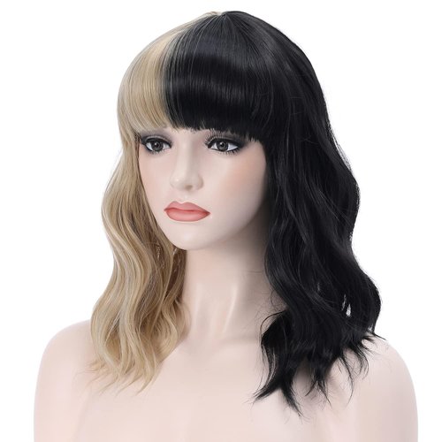 PATTNIUM Black and Blonde Wig Two Color Wig Short Curly Black Blonde Wig With Bangs Split Wig for Women Heat Resistant Synthetic Hair Cosplay Party Wig (Half Blonde Half Black)