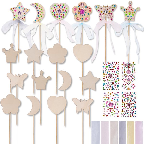ArtCreativity Fairy Wand Kit, Includes 18 Wooden Wands, 18 Ribbons, and 5 Gem Sticker Sheets - Wand Decorating Kit - Birthday Party Crafts for Kids - Princess Party Activity