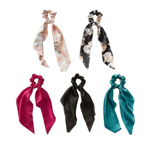 Doromy 5Packs Floral Hair Scarf Scrunchies Bowknot Chiffon Hair Scarves with Ribbon Elastic Flora...