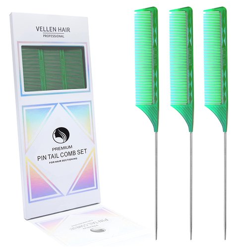 Vellen Hair Professional 9 Inch rat tail combs for hair stylists, PEI Material 430°F Heat Resistant and Antistatic, Pin tail comb with Long stainless steel for parting, styling and highlighting - 3 Pack (Green-Transparent)